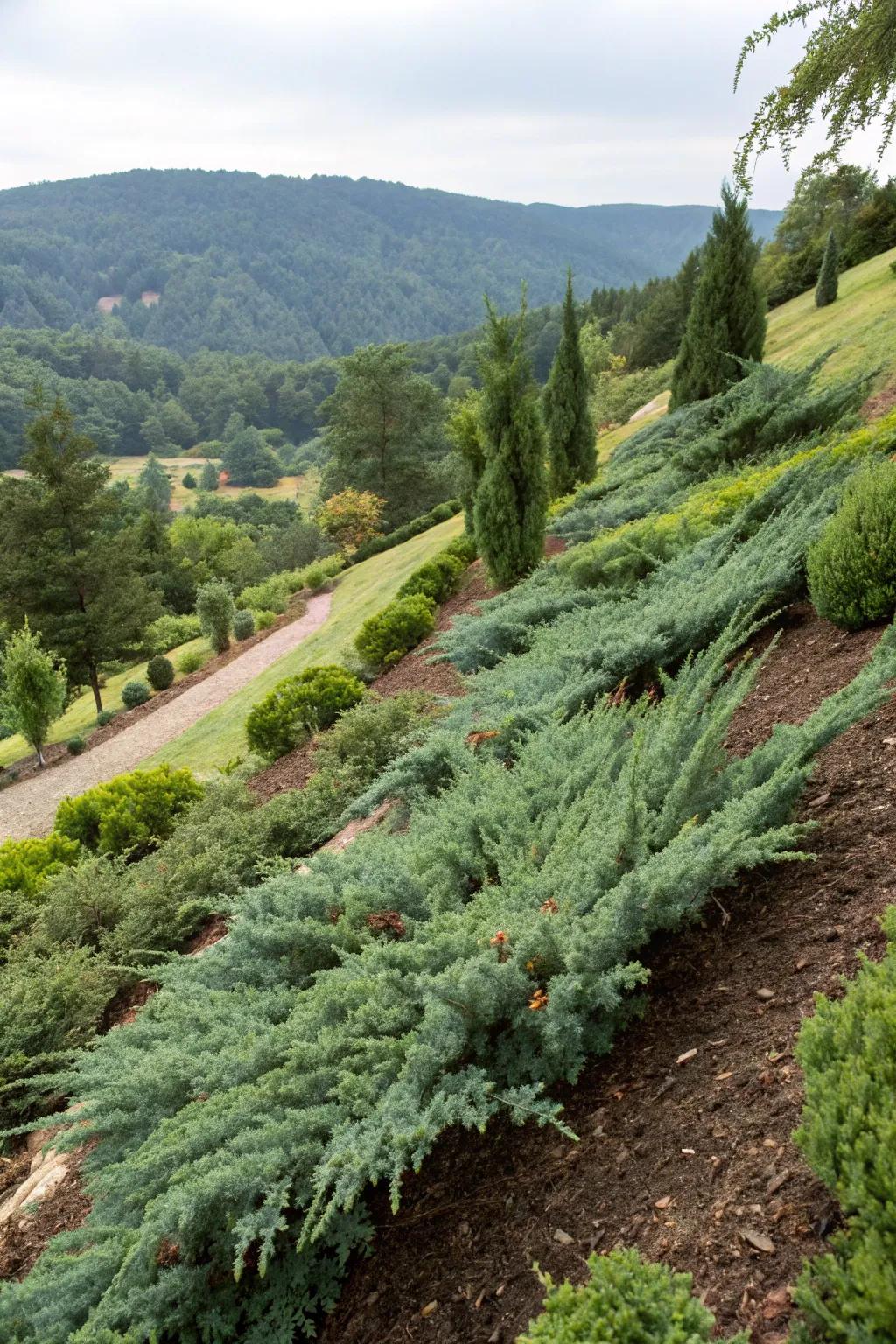 Creeping juniper on a hillside providing a natural solution to erosion.