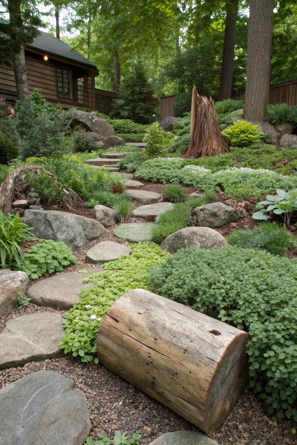 A serene garden featuring rocks and logs with lush ground cover plants.