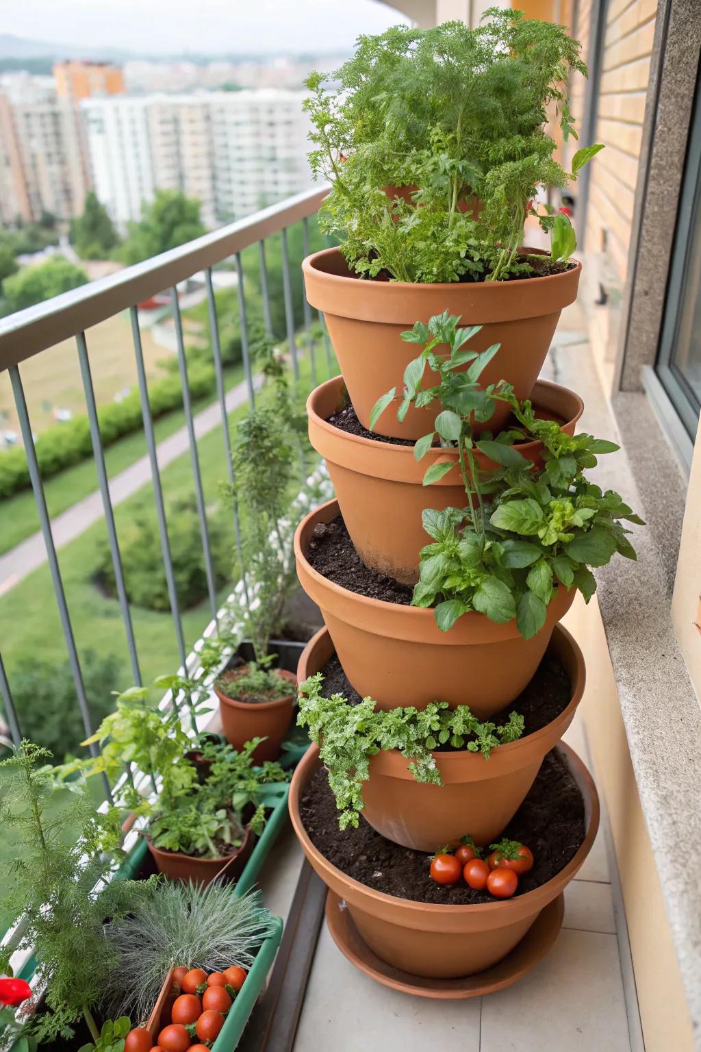Tiered pot arrangements maximize space and add a dynamic look to gardens.