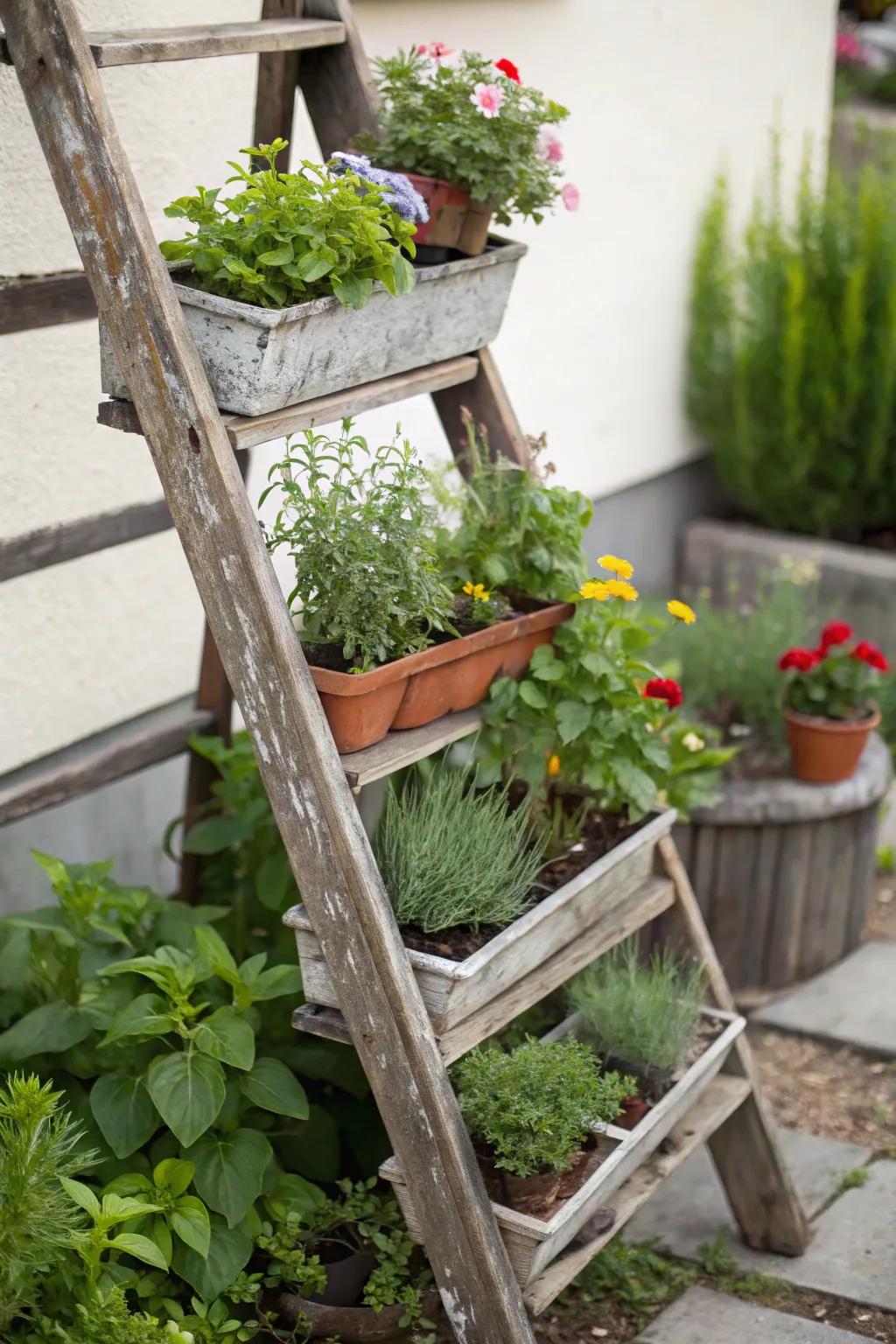 A wooden ladder becomes a beautiful planter stand, perfect for small spaces.
