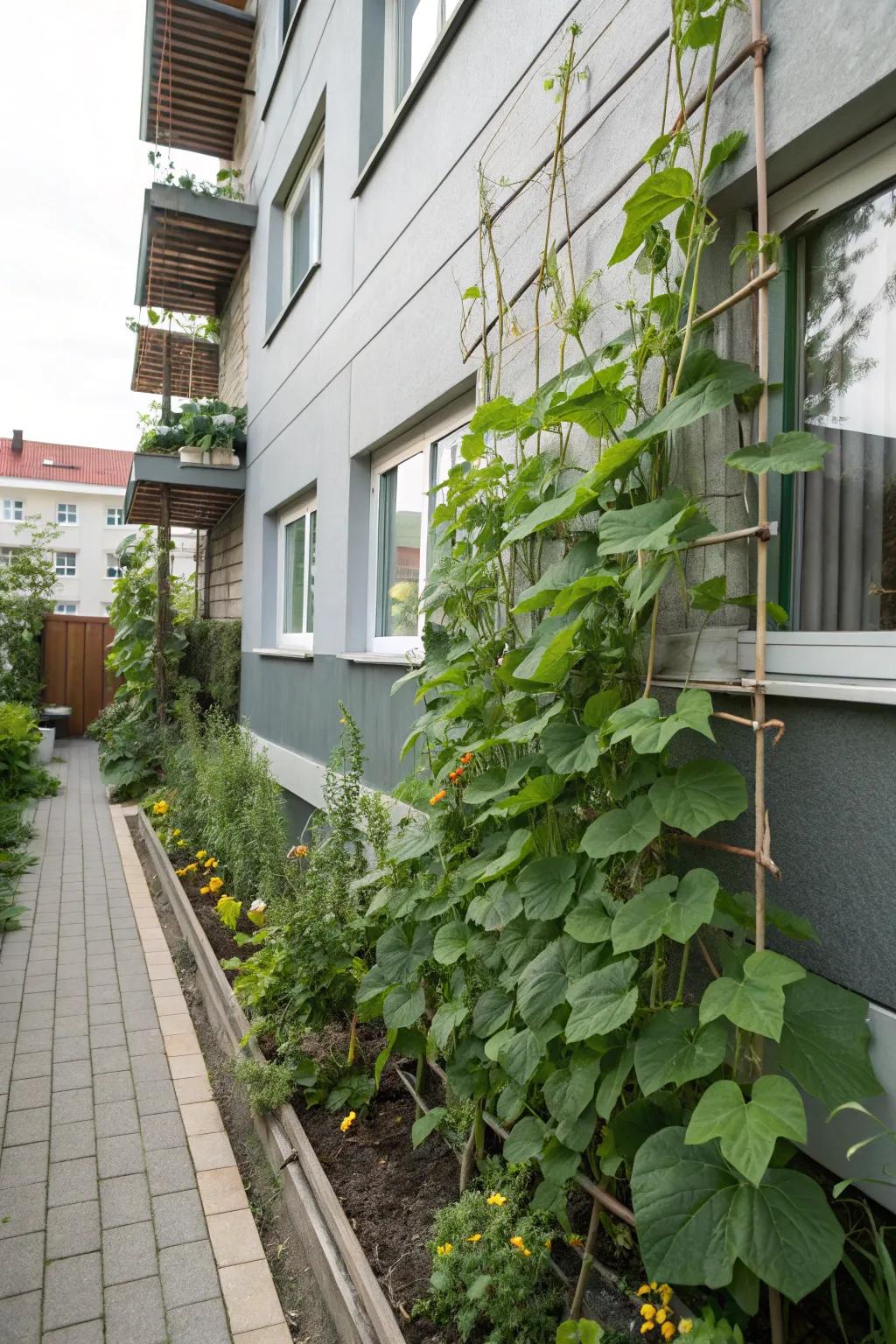 Utilize walls and fences to grow vertical gardens in tight spaces.