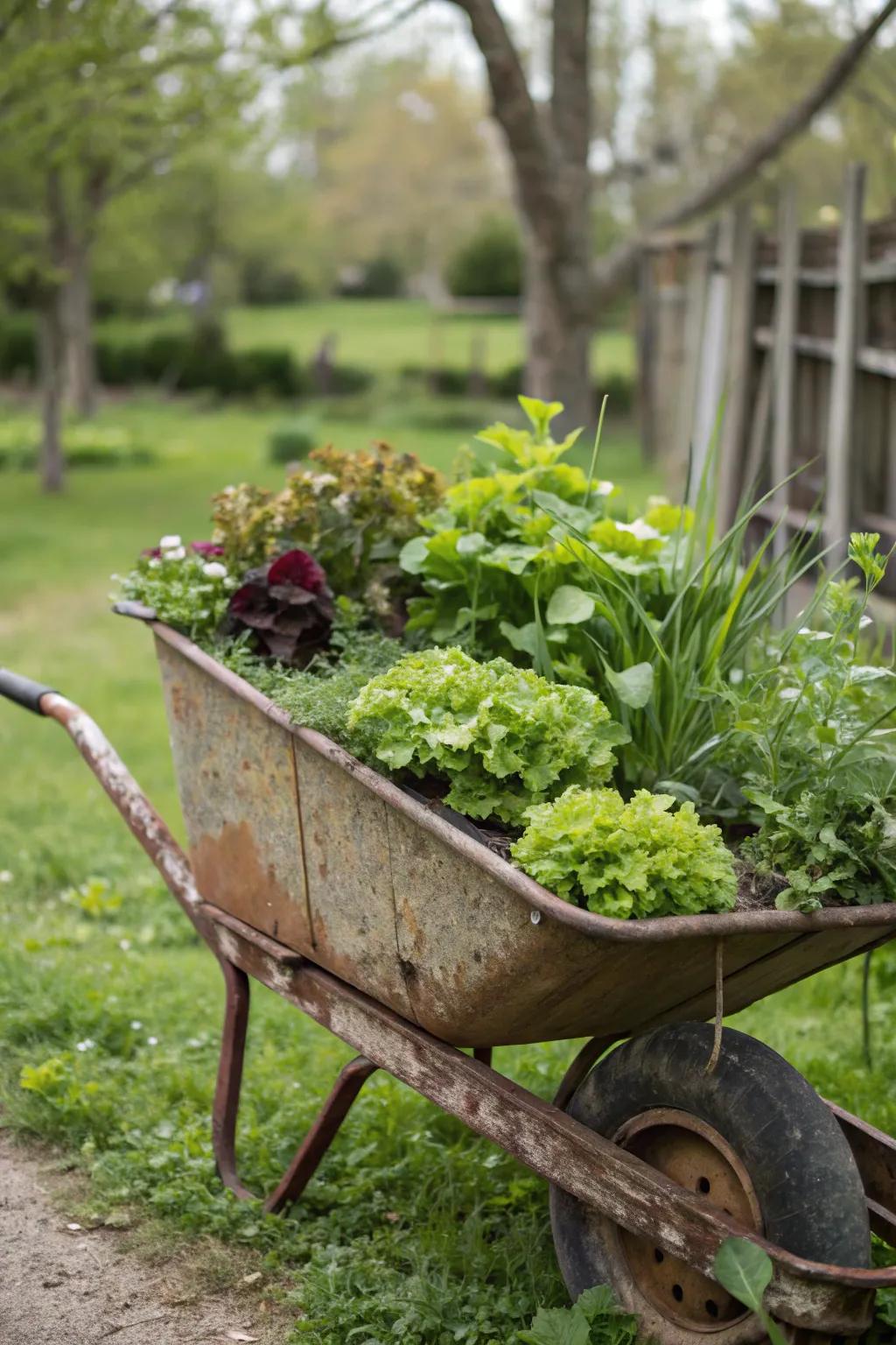 A wheelbarrow planter is both practical and charming in an urban garden.