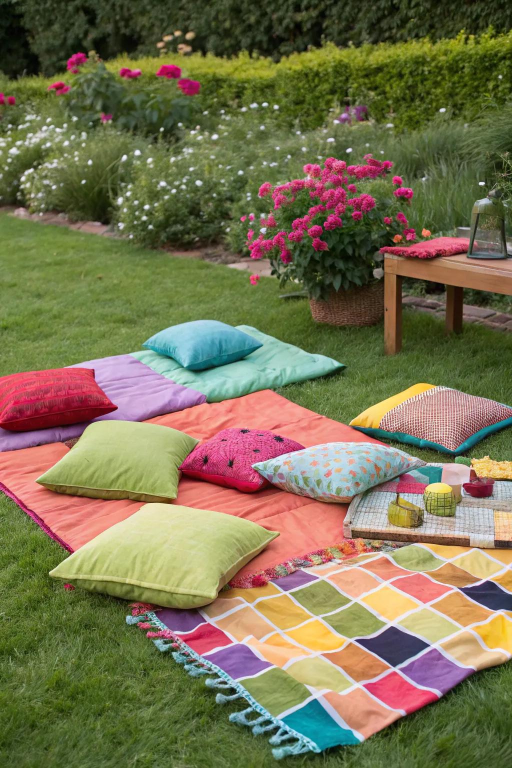 A relaxed picnic blanket lounge area for guests to unwind.