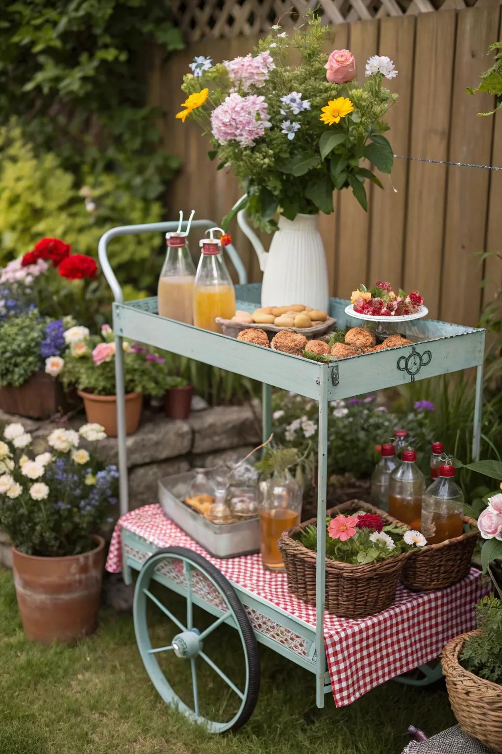 A charming vintage garden cart serving drinks and snacks.