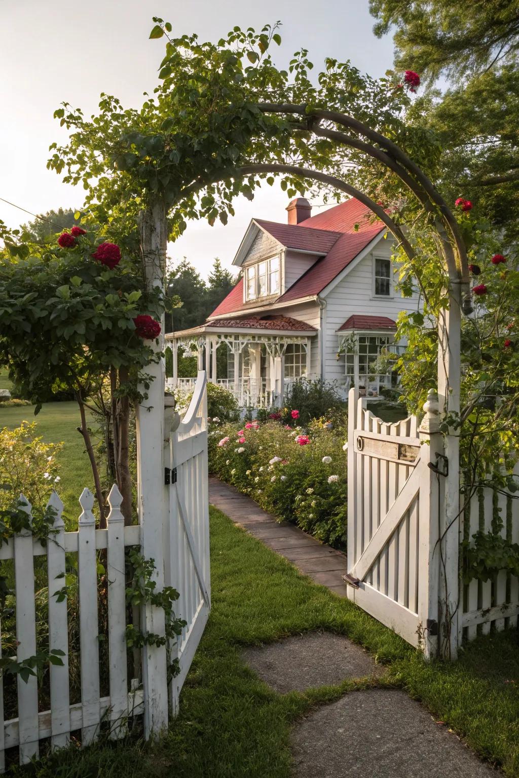 A white picket fence gate offers timeless American charm.