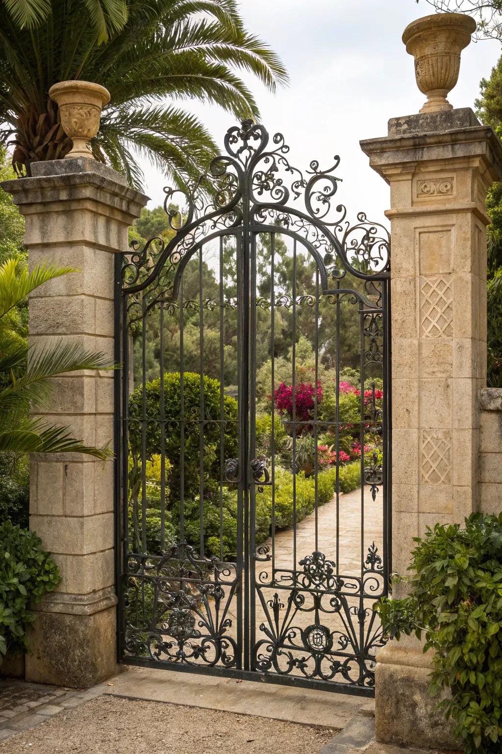 A timeless iron gate brings classic elegance to any entryway.