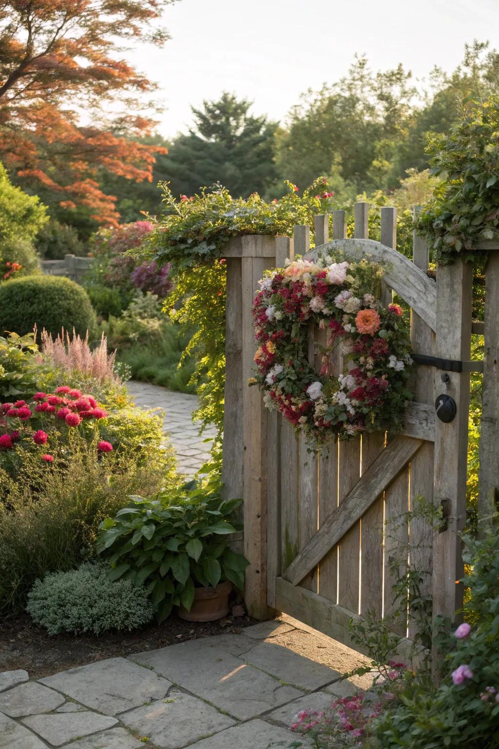 Floral wreaths add an old-fashioned and welcoming touch to gates.