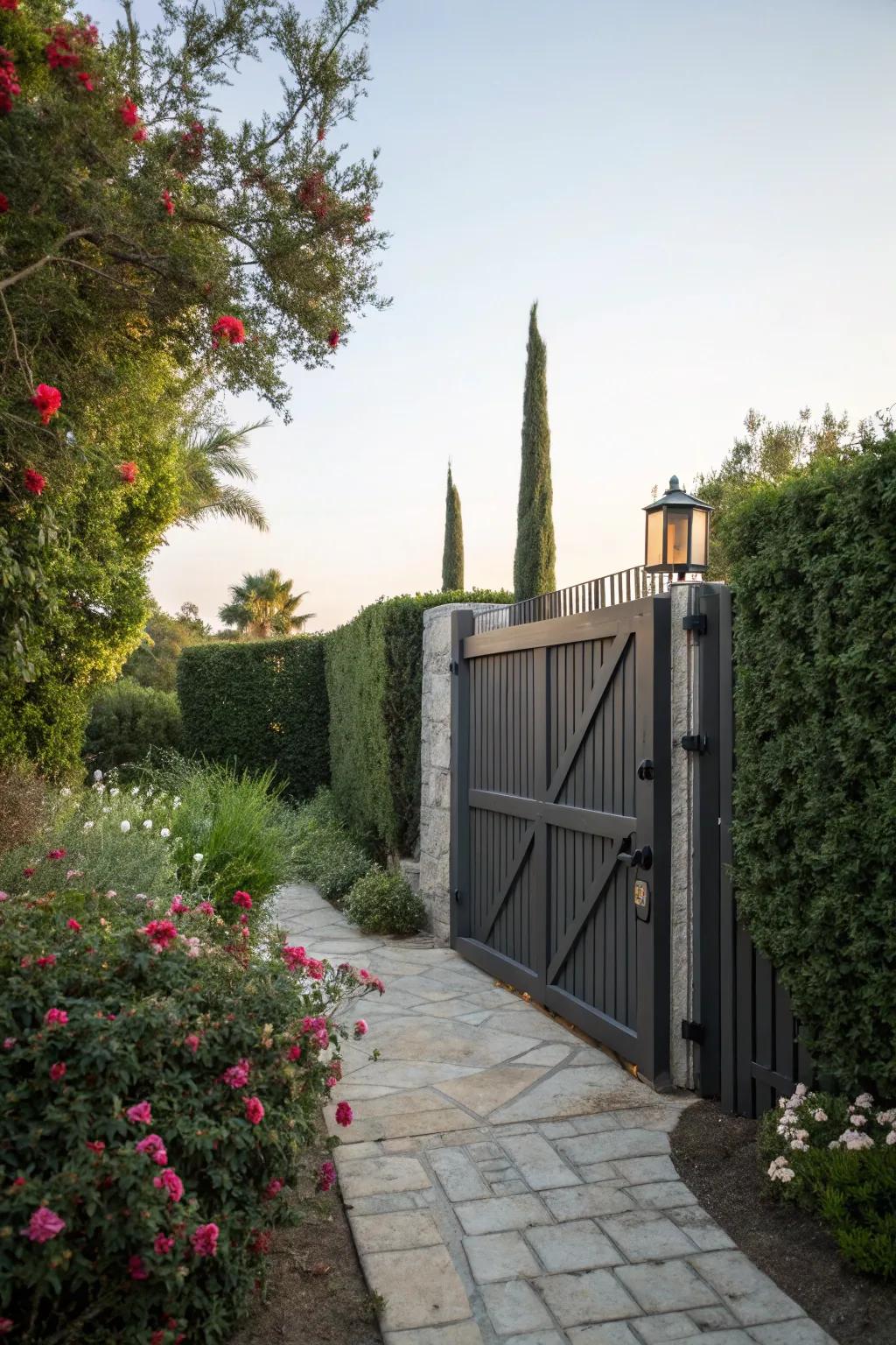 A tall privacy gate ensures a peaceful and secluded garden retreat.