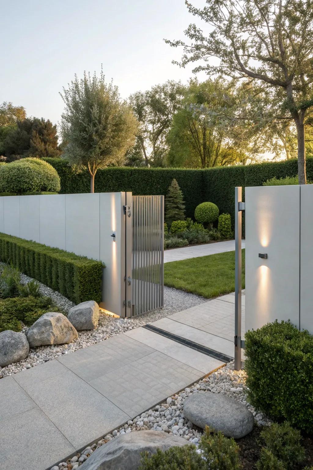 A minimalist modern gate offers a sleek and stylish welcome.