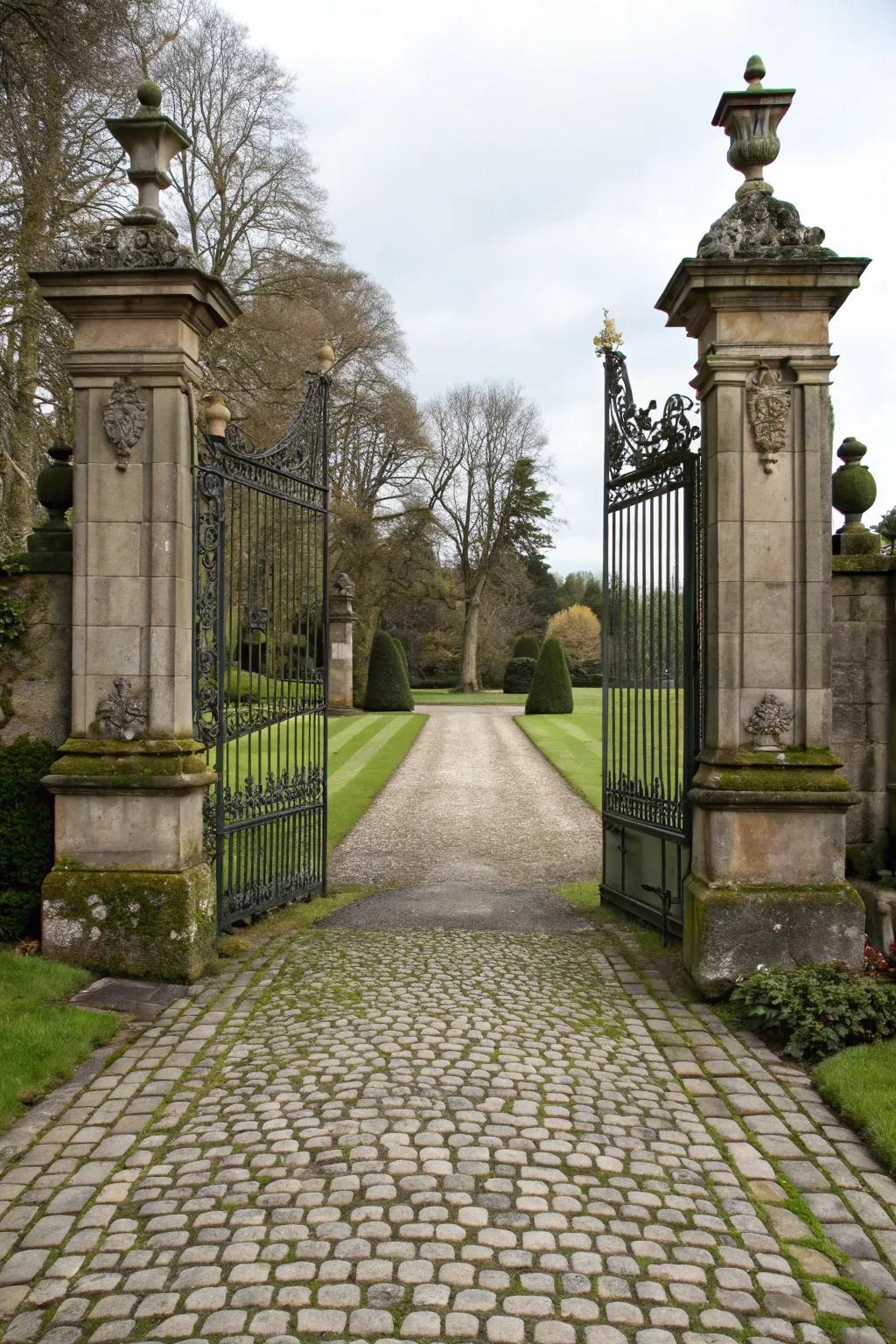 Grand stone pillars create a dramatic and impressive entryway.