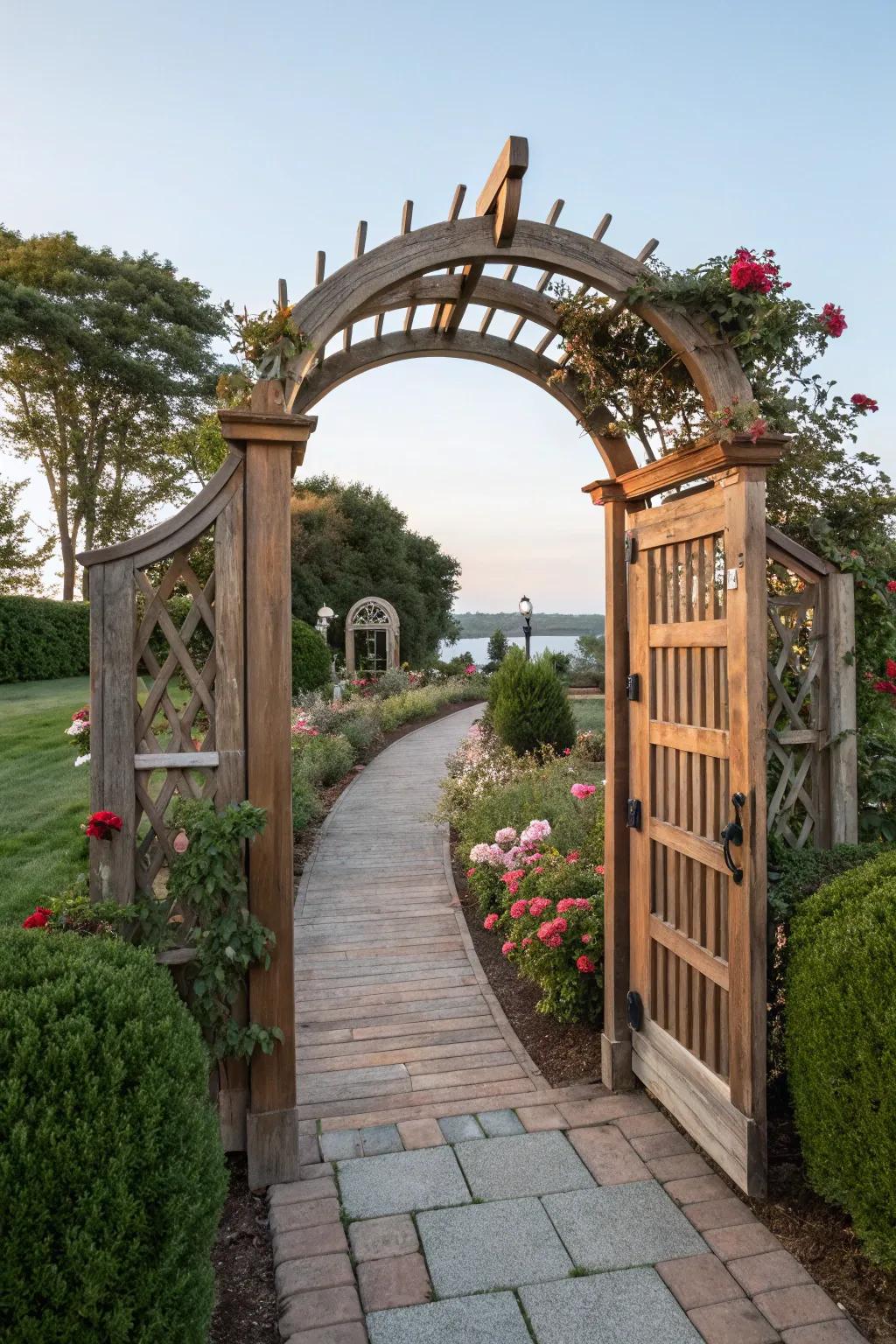 An elegant arched gate invites entry with a sophisticated touch.