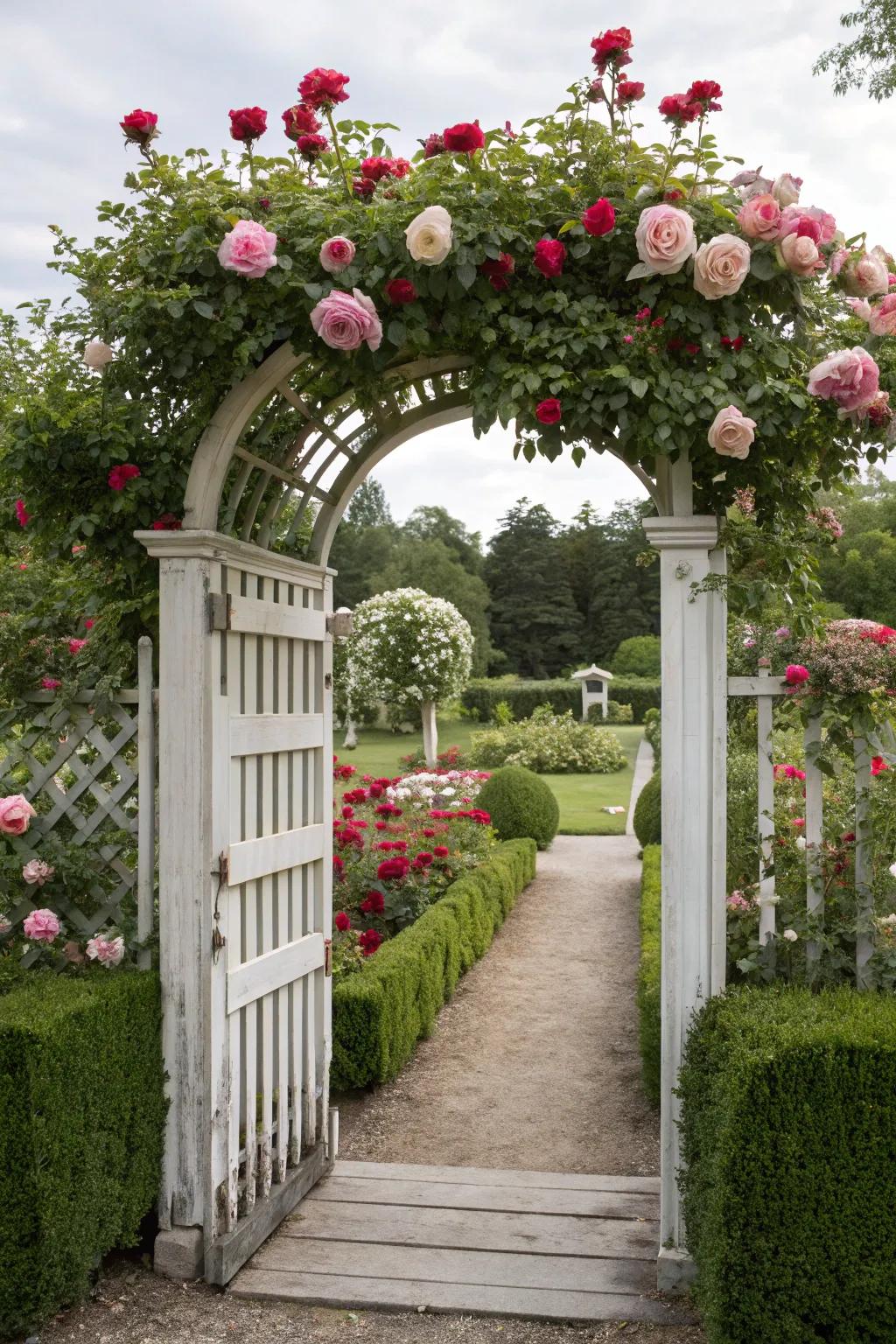 Roses and arbors create a fairytale, romantic entrance.
