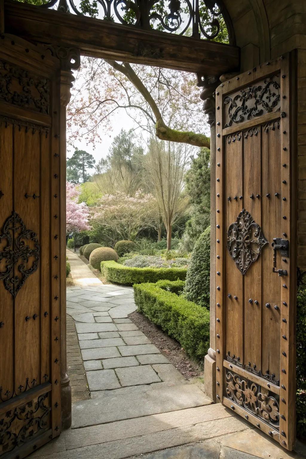 Ornamental inserts add intrigue and artistic flair to solid gates.