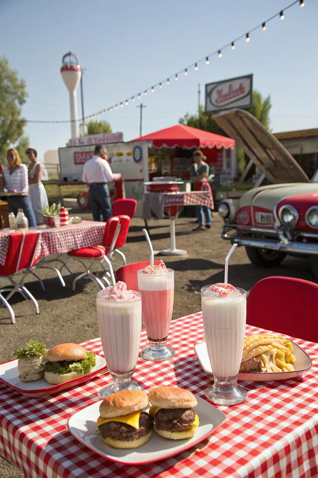 A nostalgic 50s soda fountain theme with classic treats.