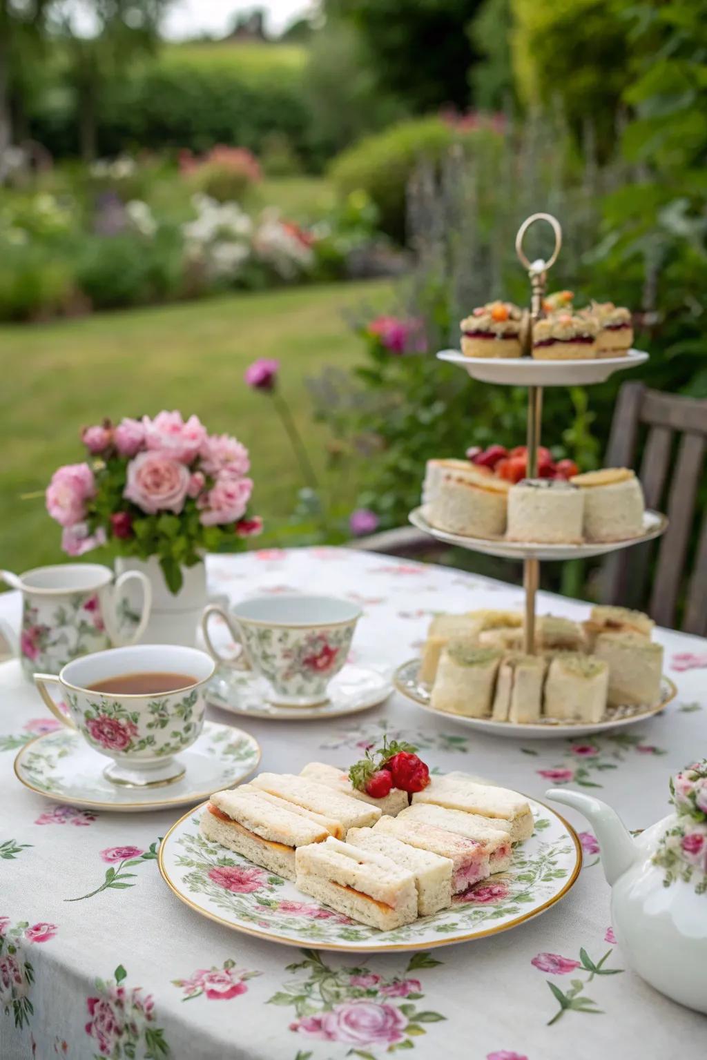 A whimsical garden tea party with elegant treats.
