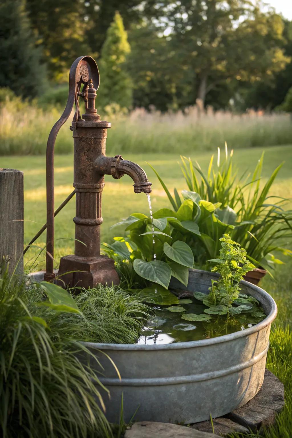 A vintage water pump in a metal basin, offering a sleek garden feature.