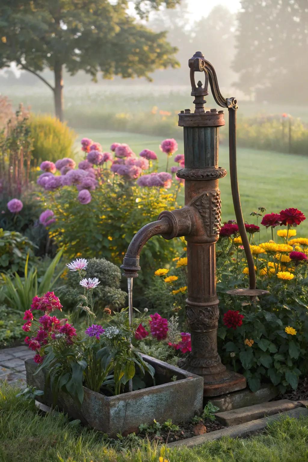 A water pump surrounded by vibrant flowers, creating a harmonious garden feature.