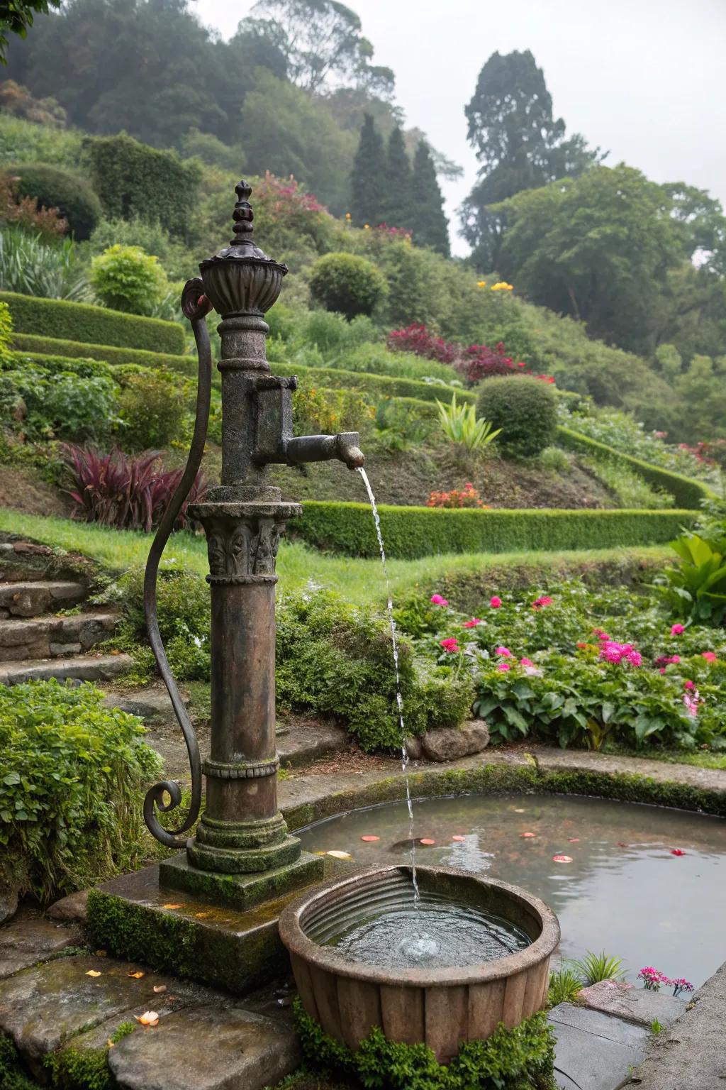 A sunken garden with an antique pump, offering a layered botanical experience.