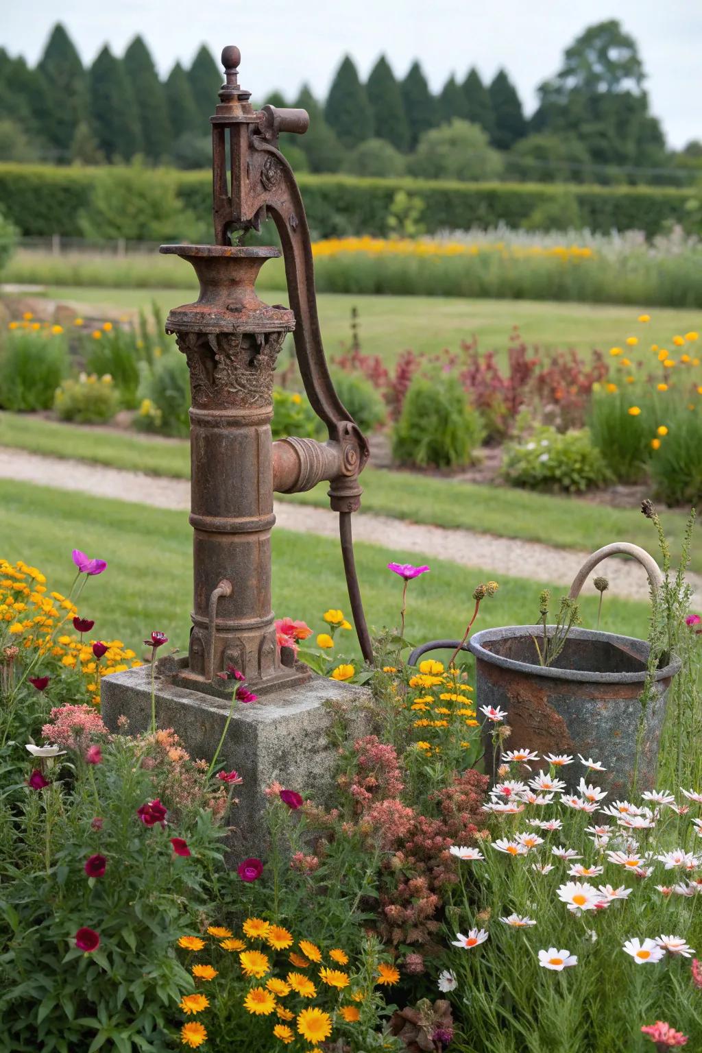 A farmhouse-style garden with an antique pump and wildflowers.