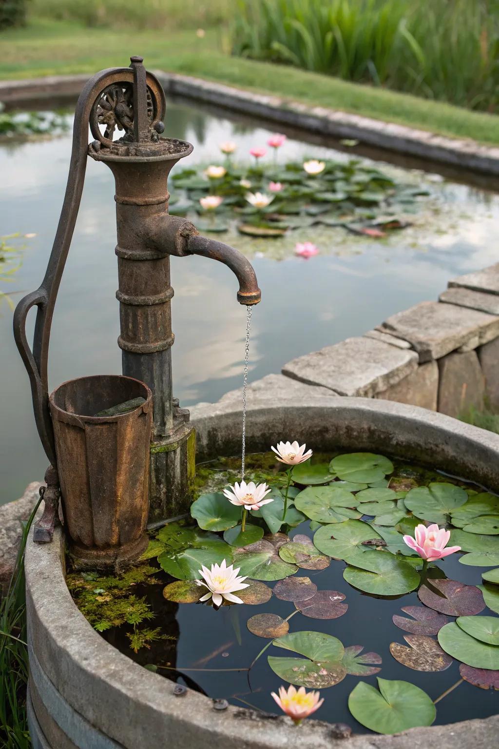 A water pump in a lily-filled basin, creating a tranquil garden feature.