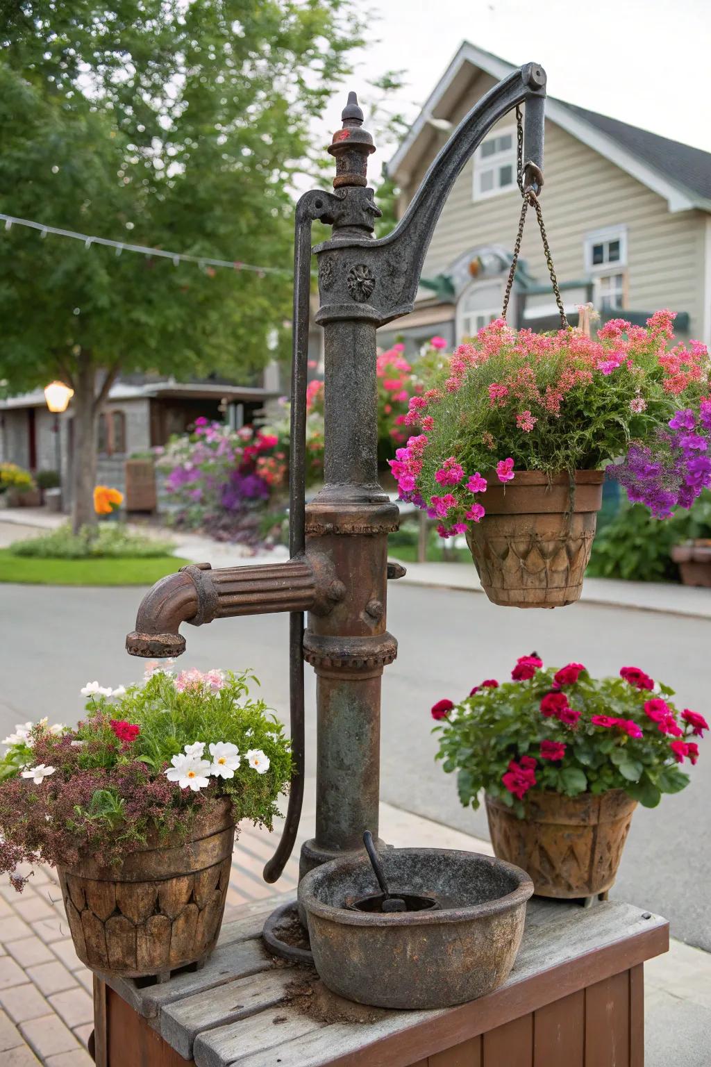 A water pump with hanging baskets, bringing vertical interest to the garden.
