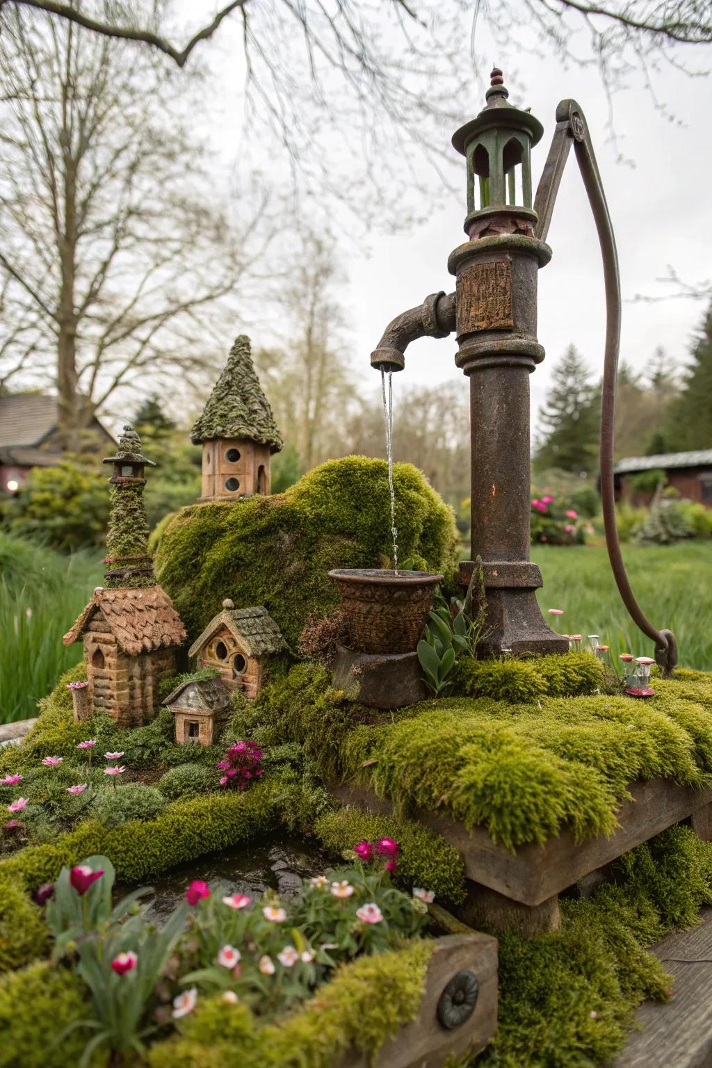 A fairy tale garden corner with an antique pump, moss, and fairy houses.