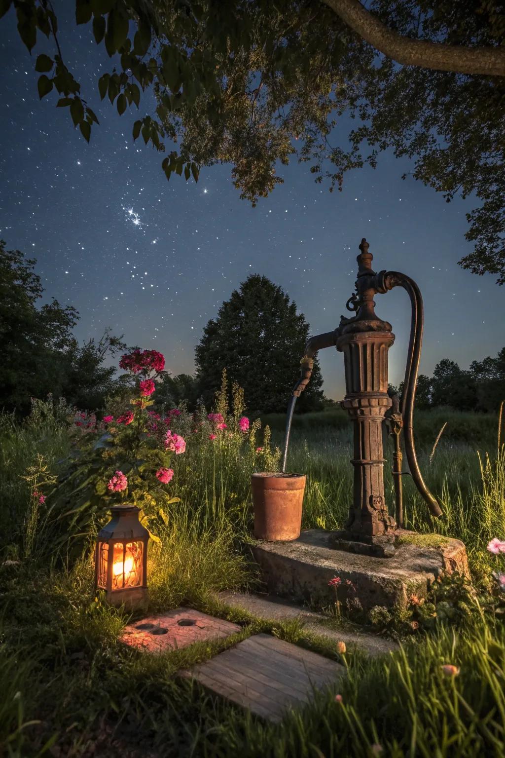 A water pump with an internal glow, adding magic to the nighttime garden.