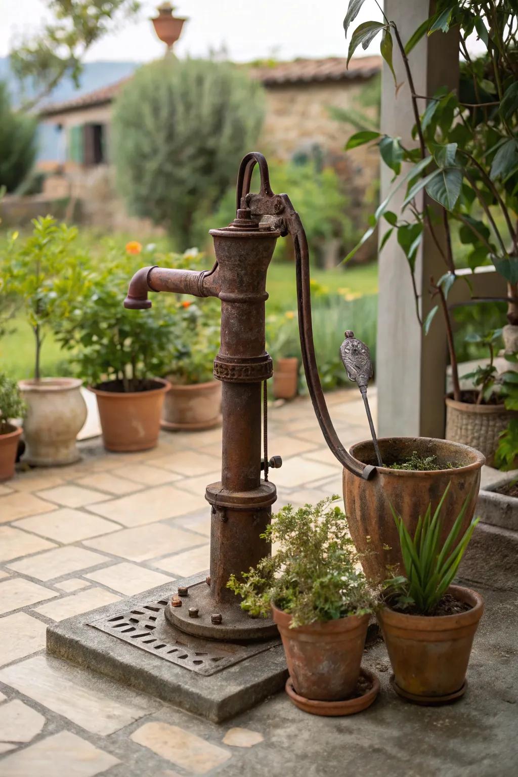 An antique pump on the patio, adding rustic charm to the outdoor seating area.