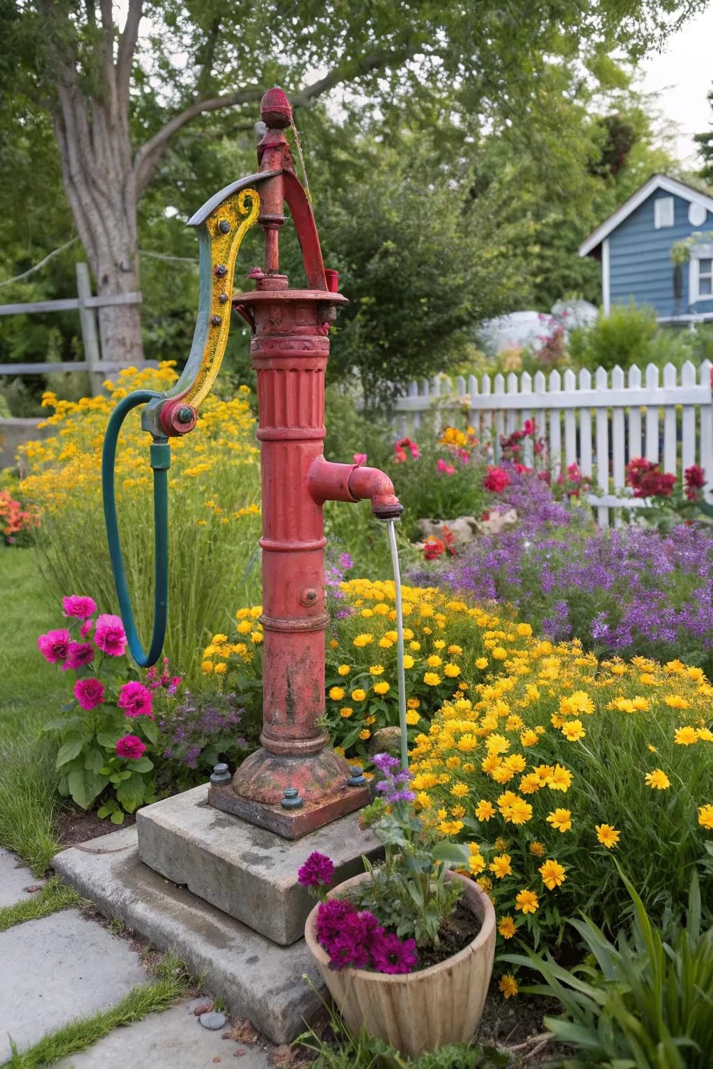 A brightly painted water pump, adding a splash of color to the garden.