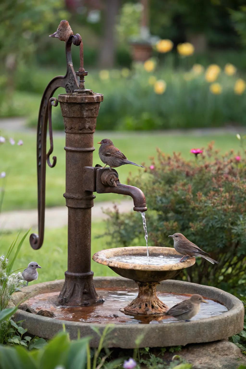 An antique pump repurposed as a bird bath, attracting wildlife to the garden.