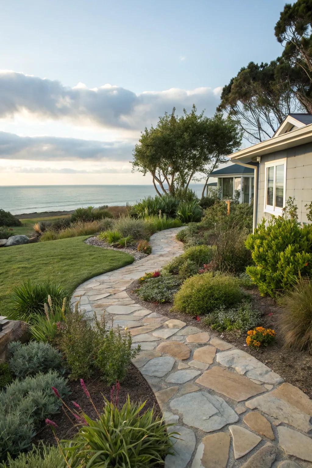Natural stone pathways create a beachy feel right at home.