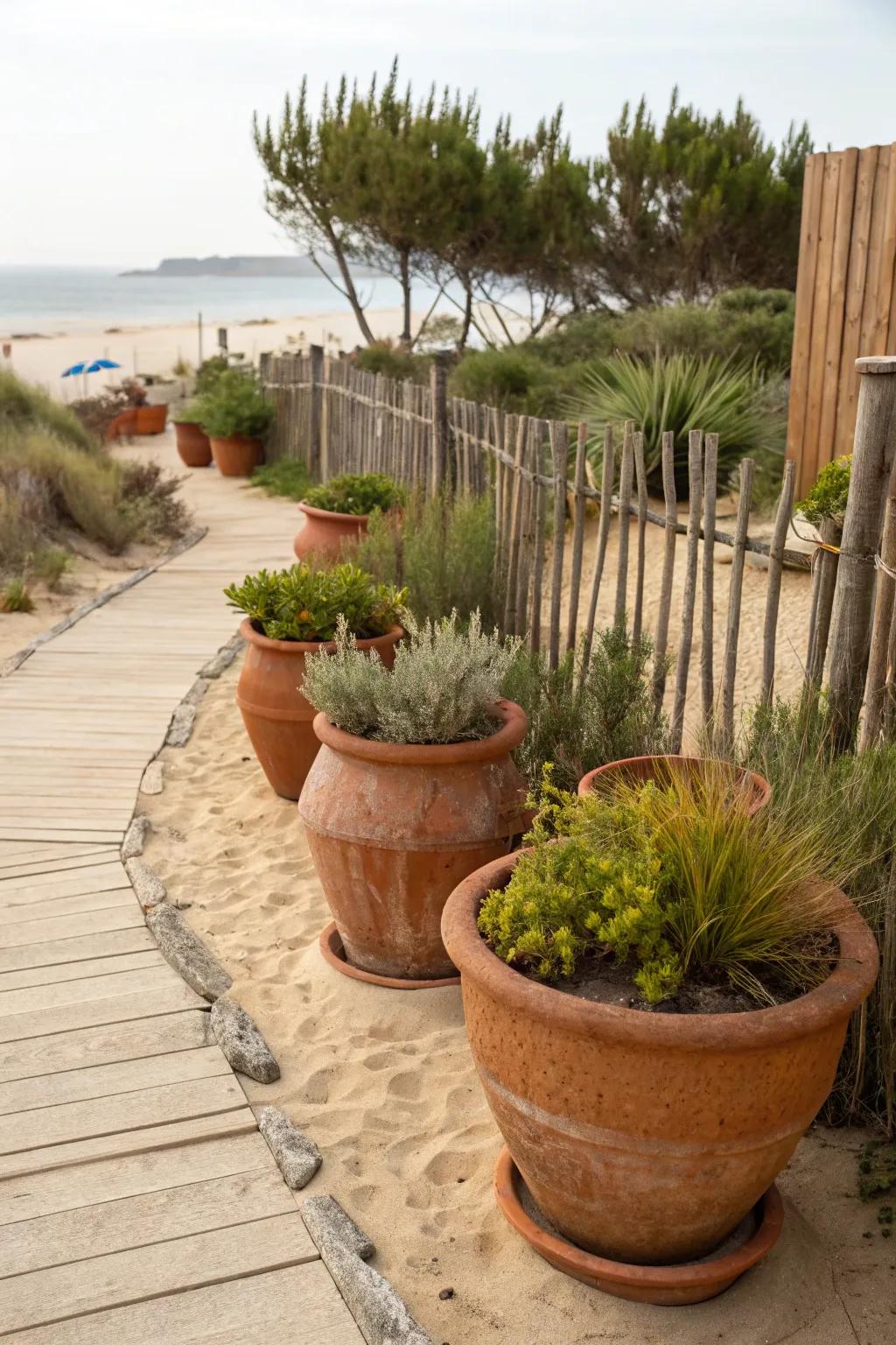 Terracotta pots blend seamlessly into coastal landscapes.