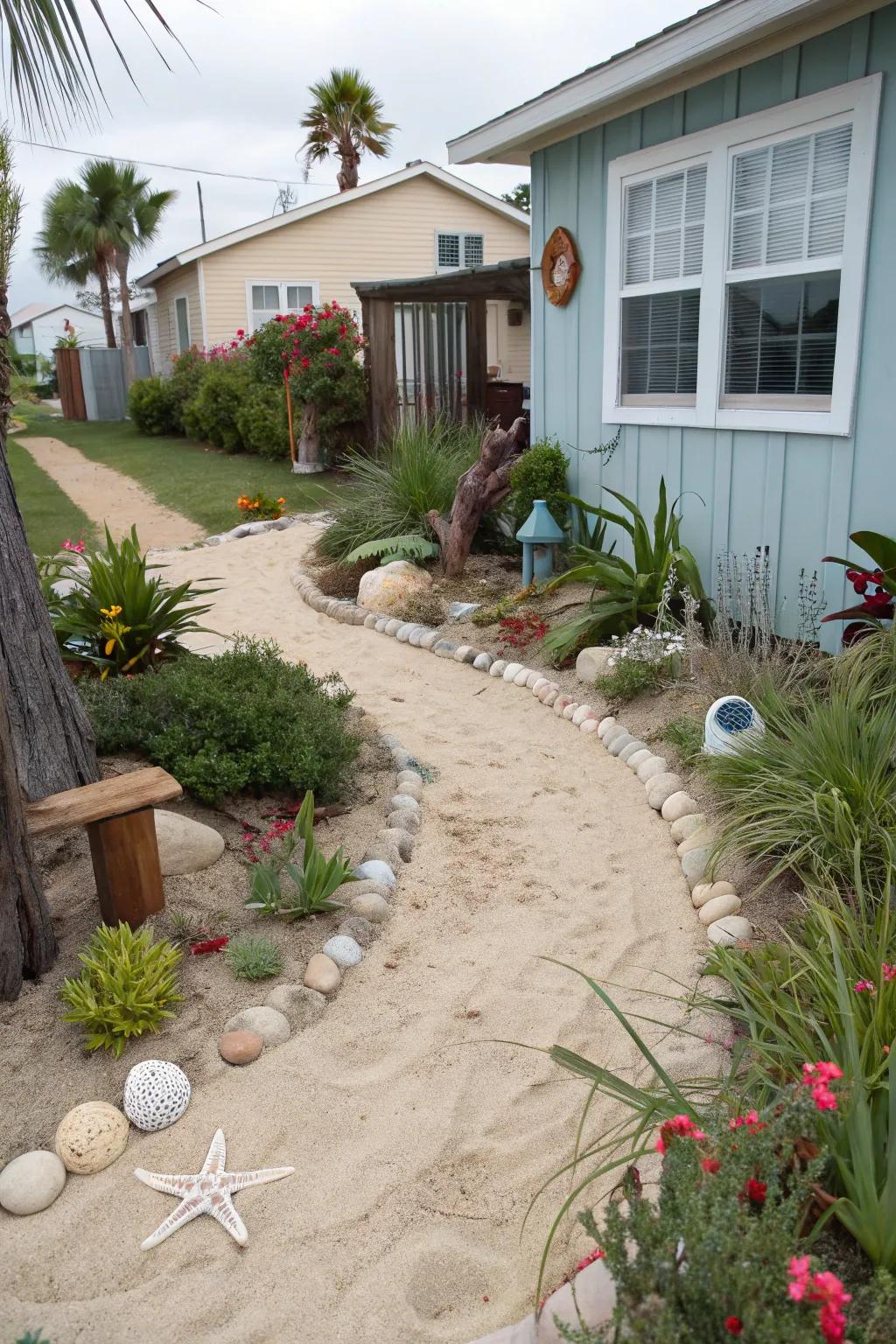 Sandy walkways bring the beach to your front yard.