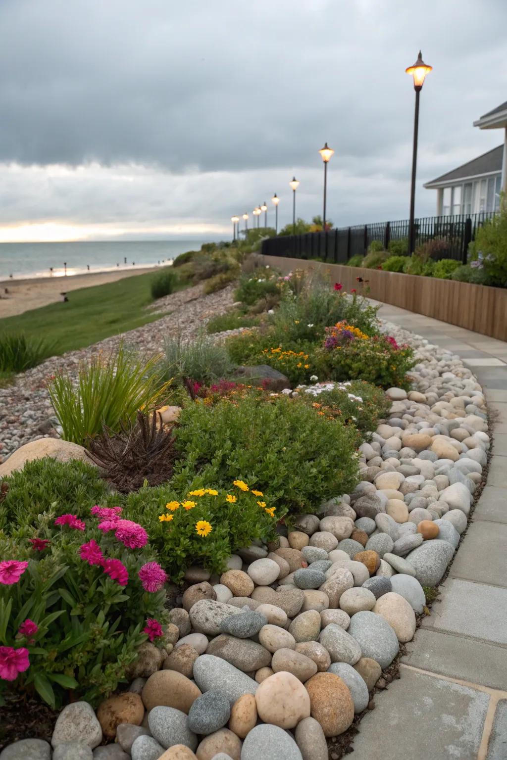 Beach pebbles provide a practical and attractive border solution.