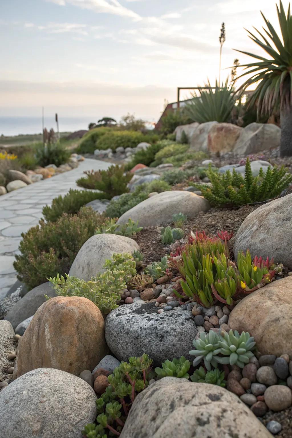 Rock gardens add rugged texture reminiscent of coastal cliffs.