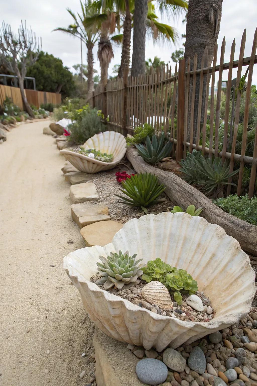 Seashell planters add a whimsical coastal touch.
