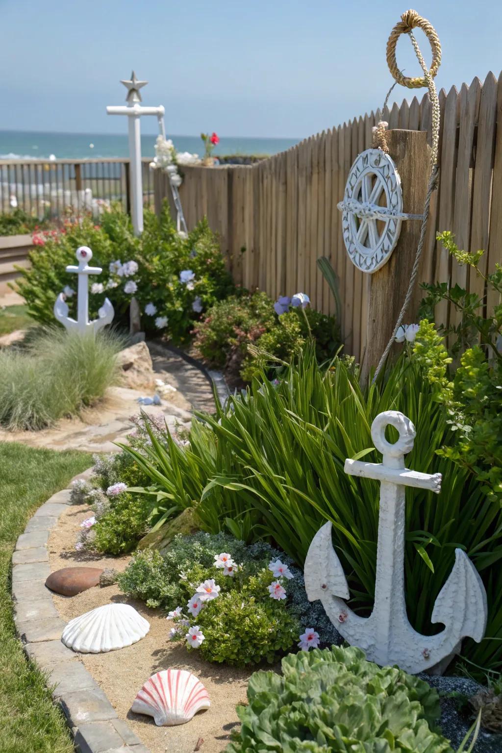Nautical decor brings a personal touch to coastal landscaping.