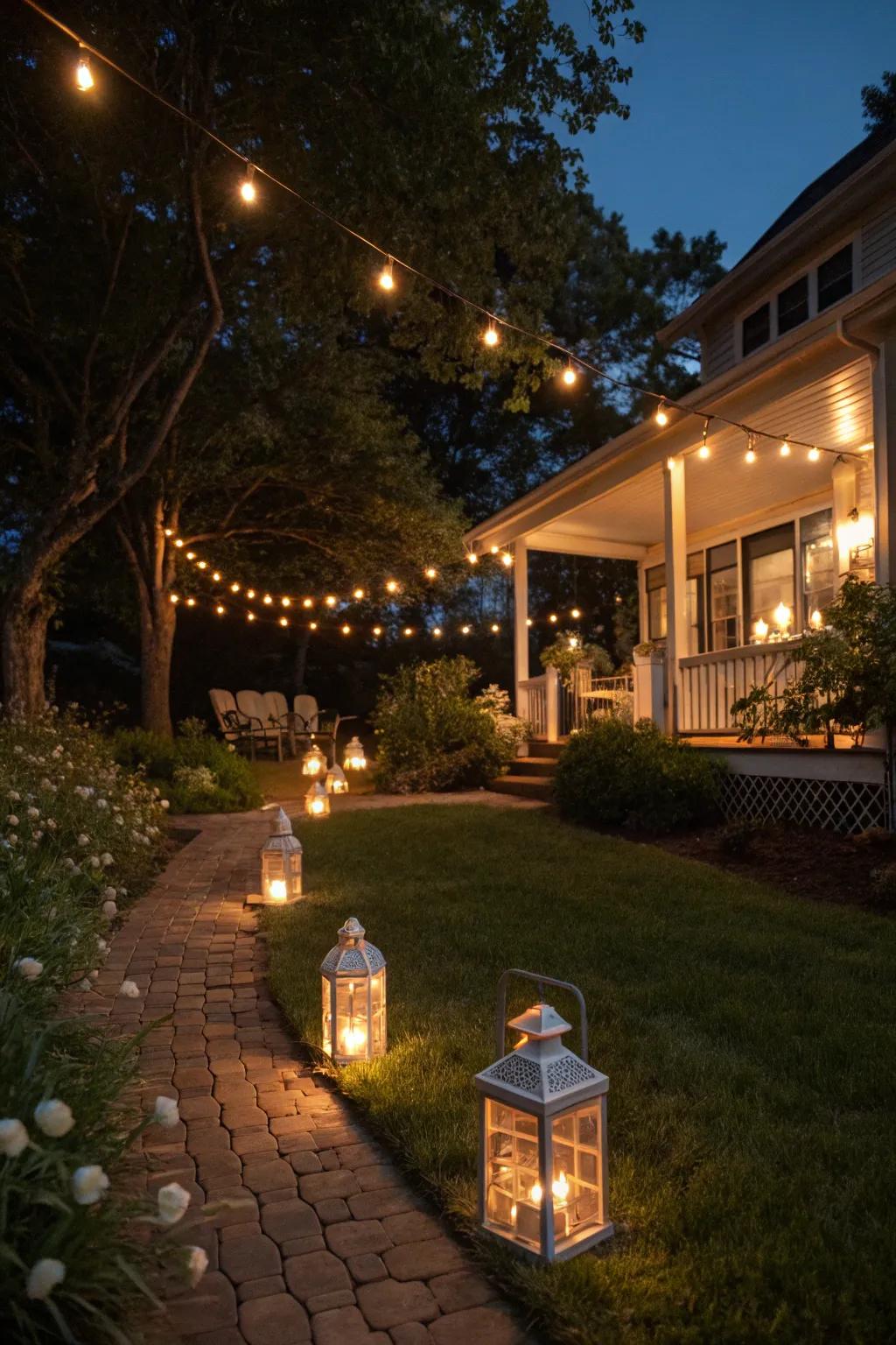 Coastal lighting highlights your yard’s charm after sunset.