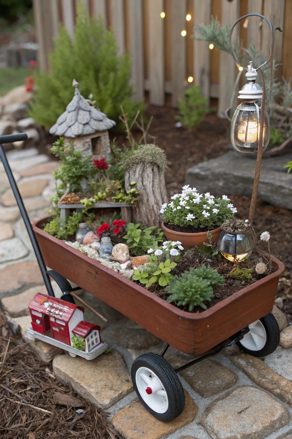 A small wagon transformed into a magical fairy garden, creating an enchanting outdoor display.