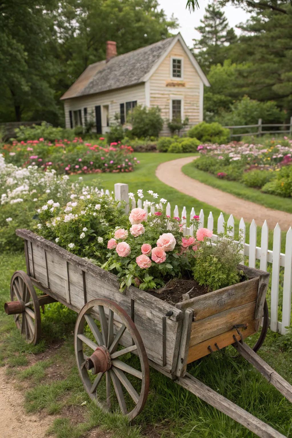 An antique wagon as a decorative planter, merging history and horticulture in a stunning garden setting.