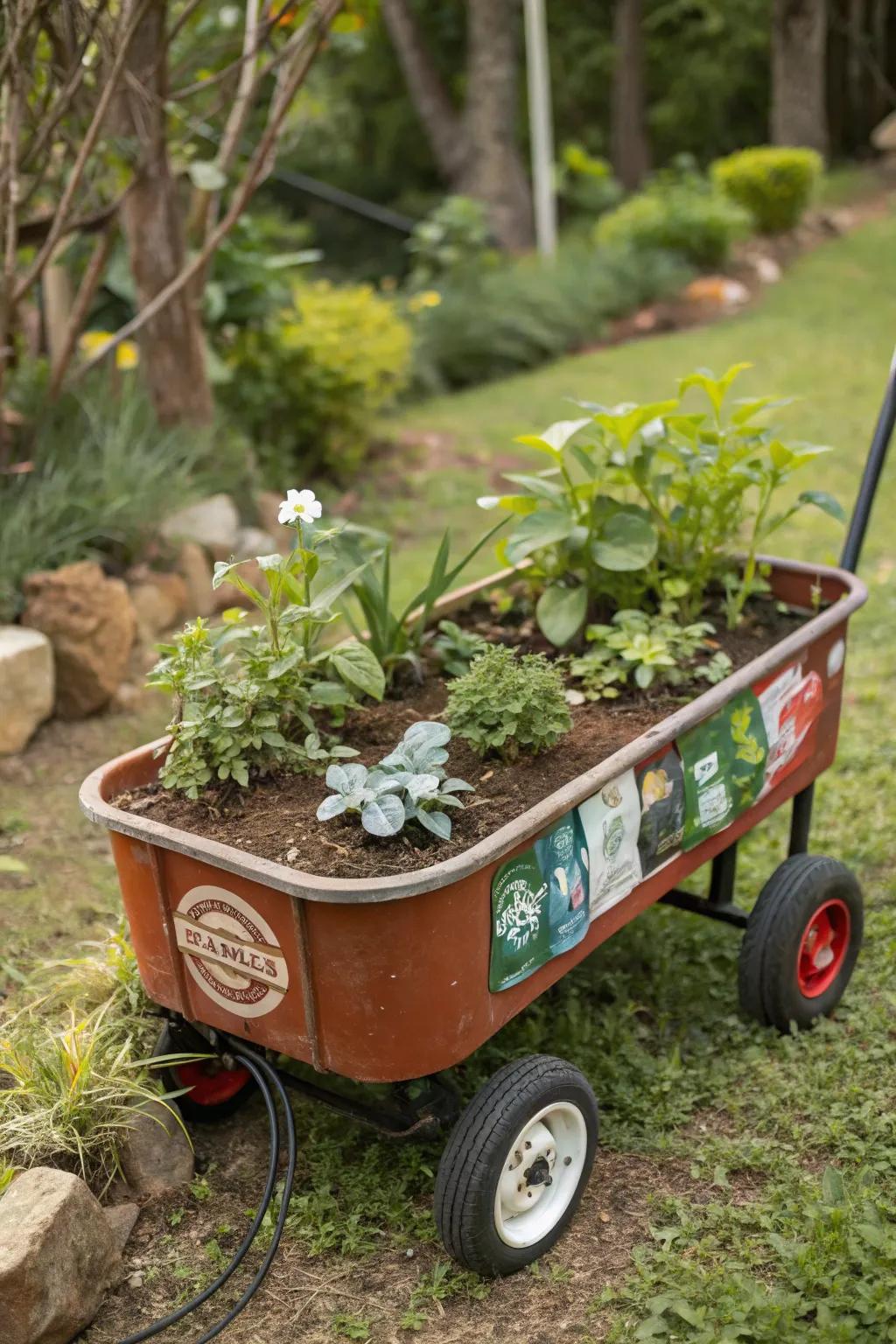 An eco-friendly wagon planter, blending sustainability with garden beauty.