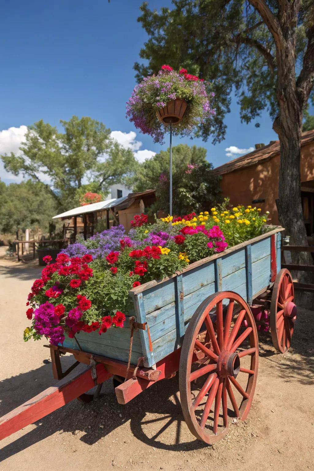 A boldly painted wagon filled with flowers makes a vibrant statement in the garden.