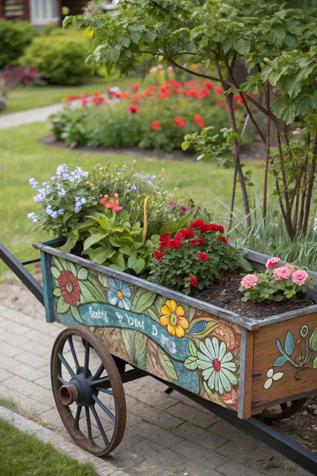 A wagon adorned with artistic designs, filled with plants, adds a creative flair to the garden.