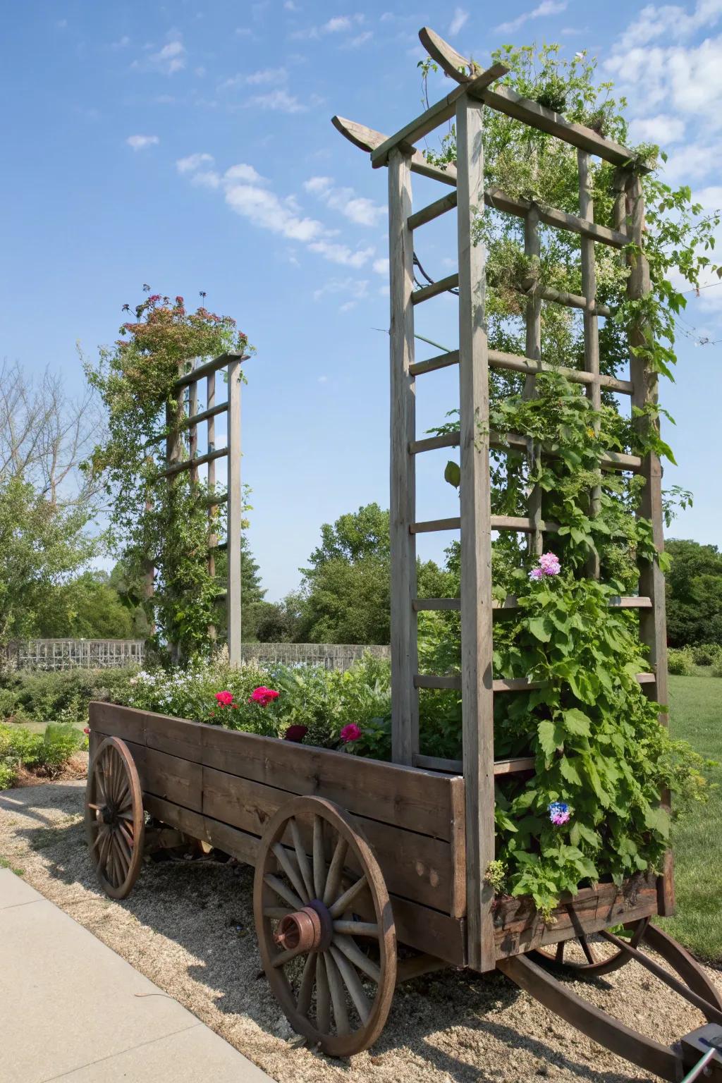 A wagon planter with vertical trellises, providing space for climbing plants and adding garden dimension.