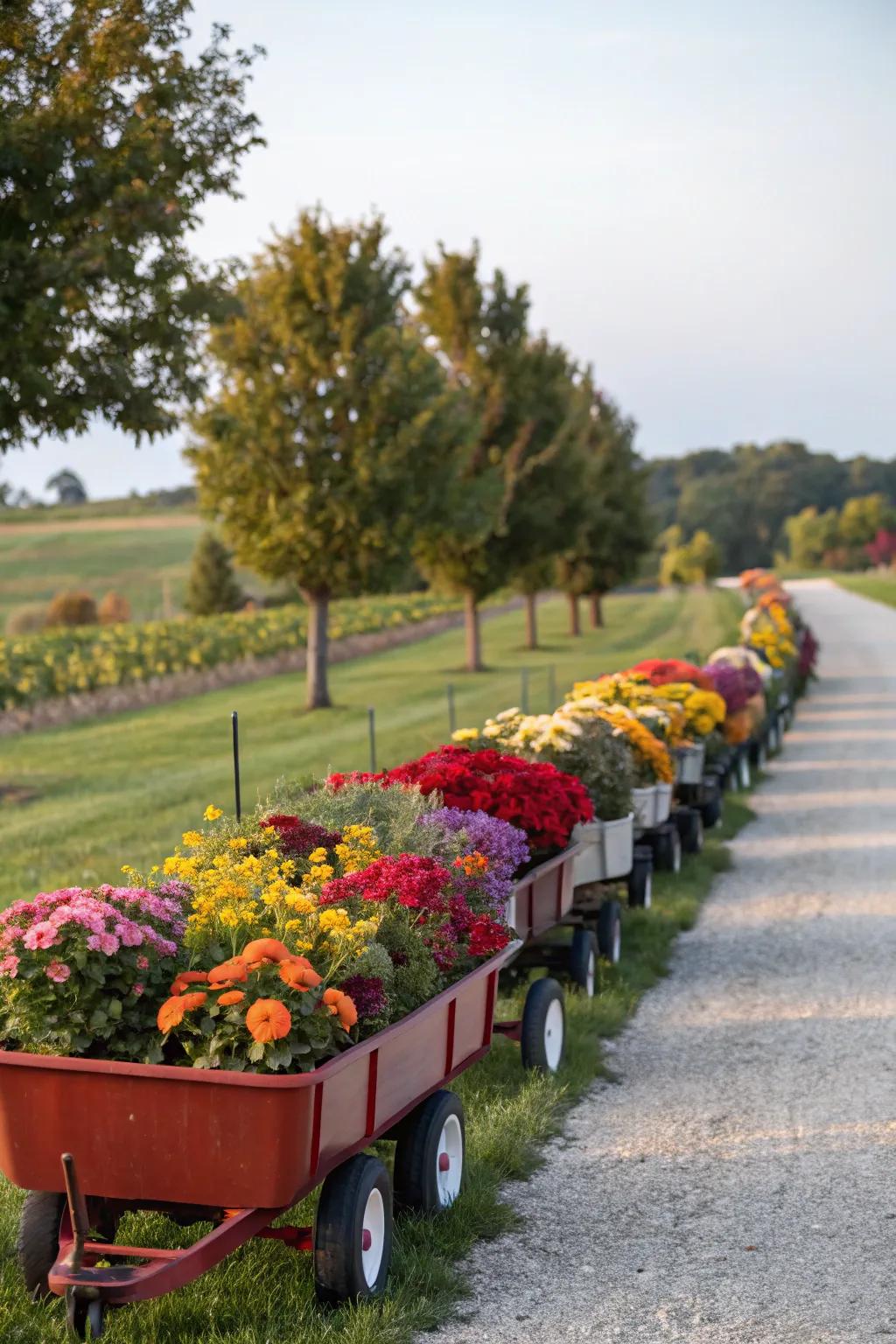A charming wagon train of planters, each bursting with unique blooms.