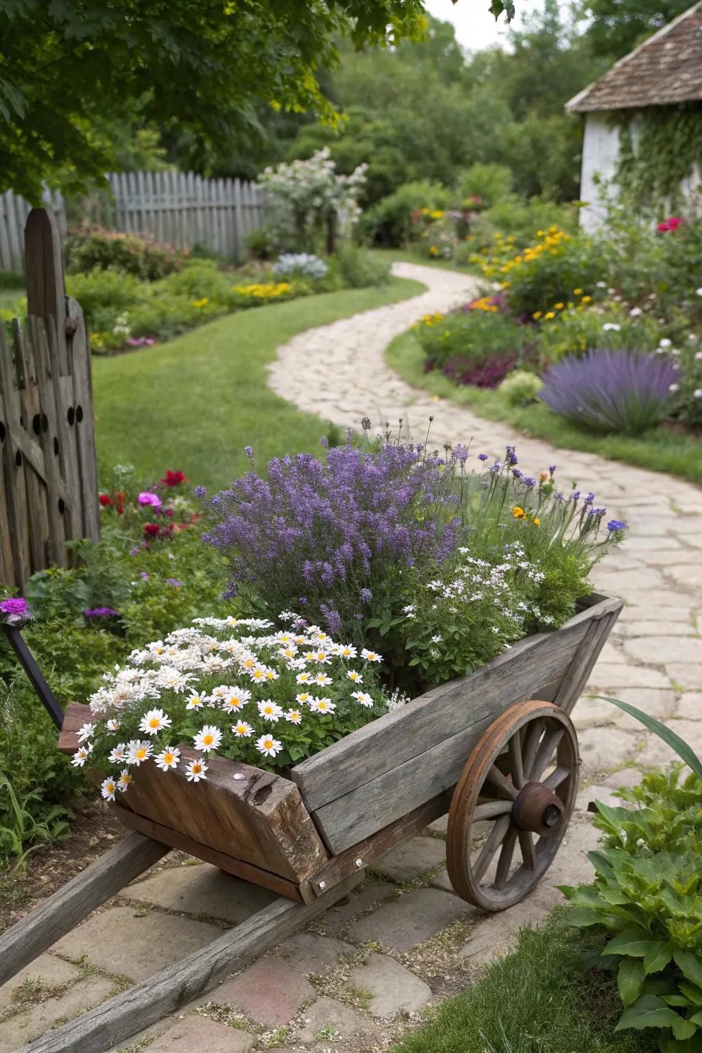 A wooden cart overflowing with lavender and daisies adds a quaint charm to the garden.