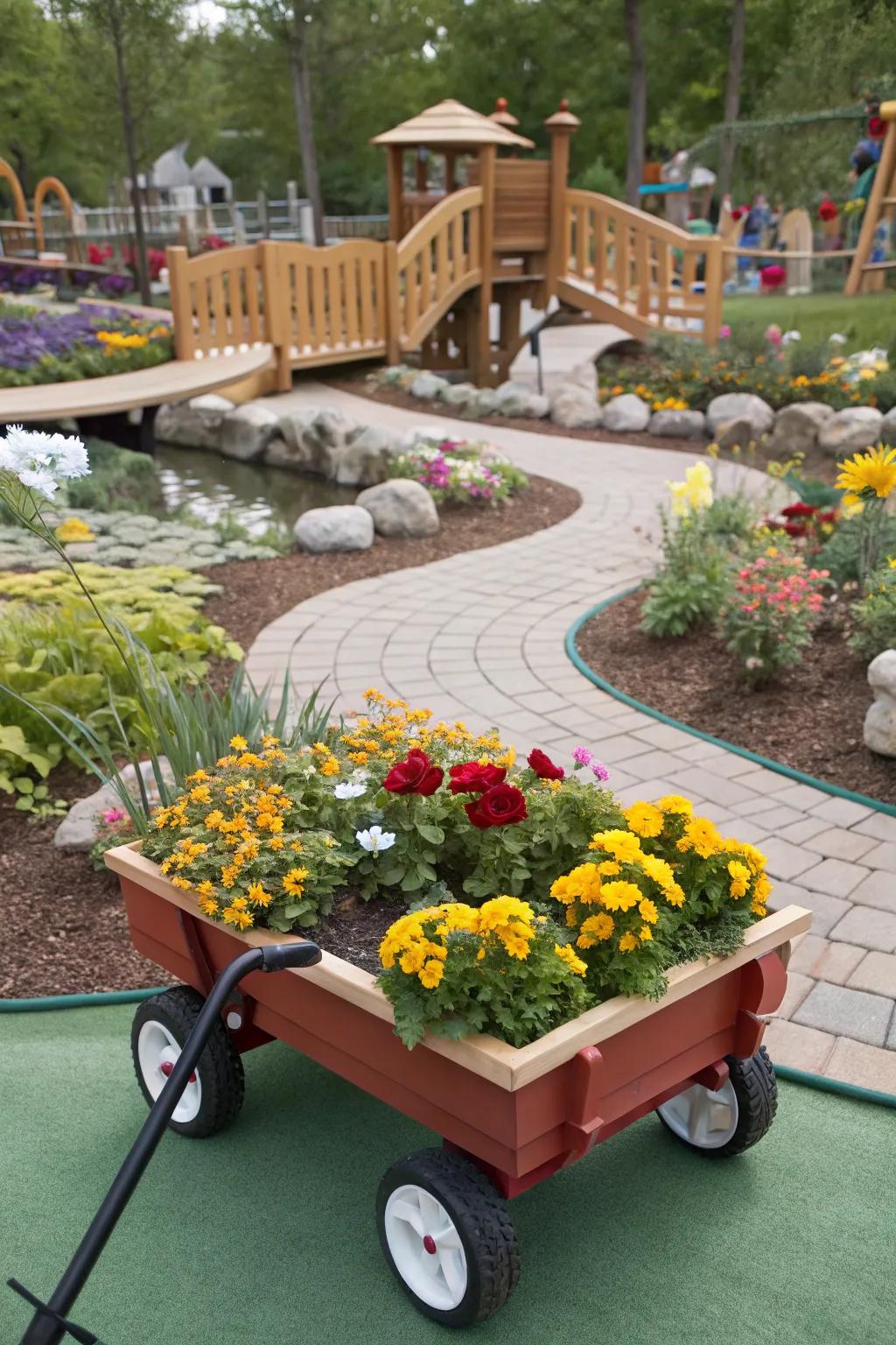 A child's wagon repurposed into a playful planter, bringing joy and color to the garden.