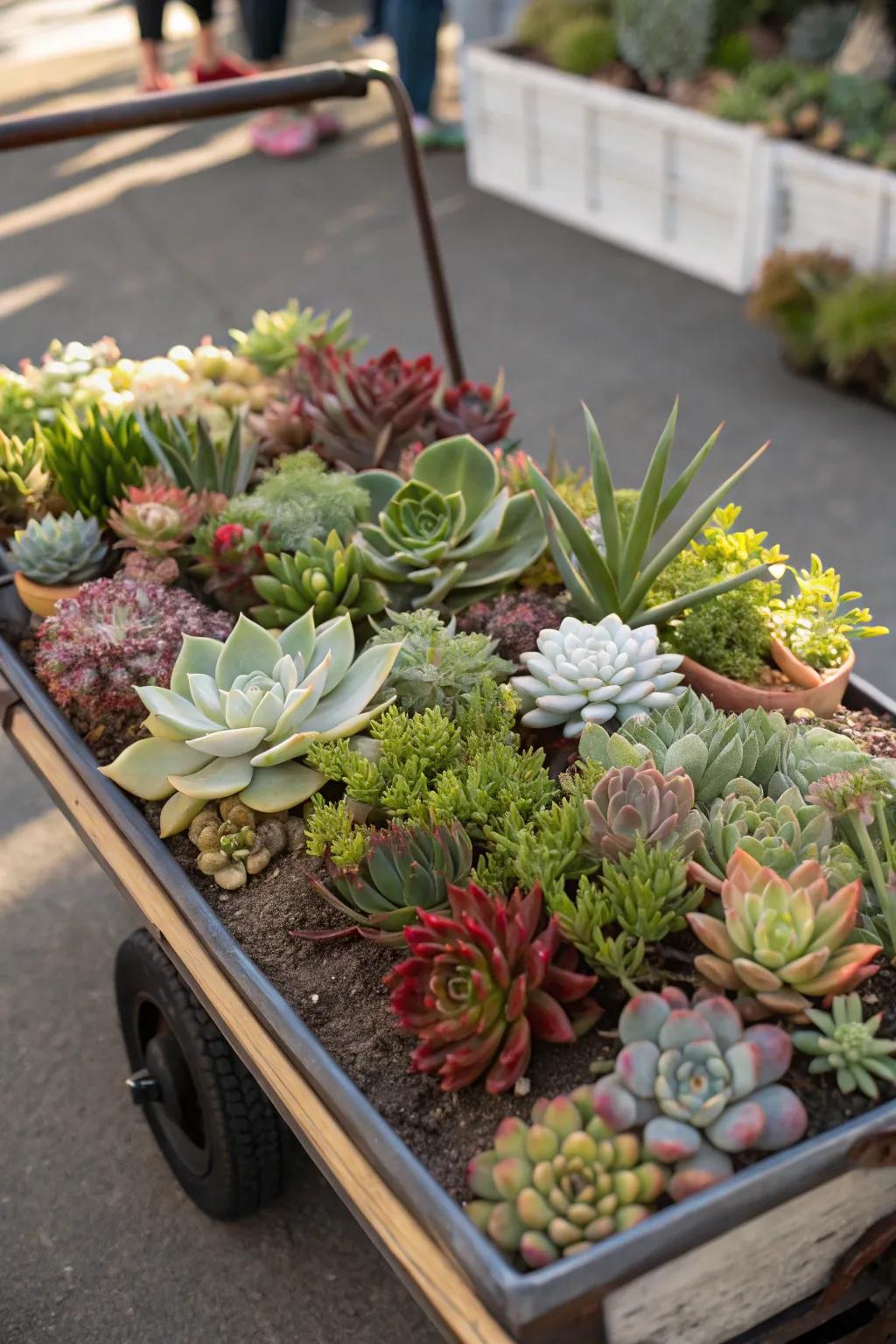 A wagon transformed into a succulent oasis, offering a low-maintenance and stylish garden element.