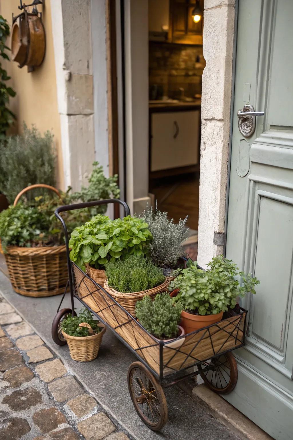 A small wagon serves as a convenient and charming mobile herb garden.