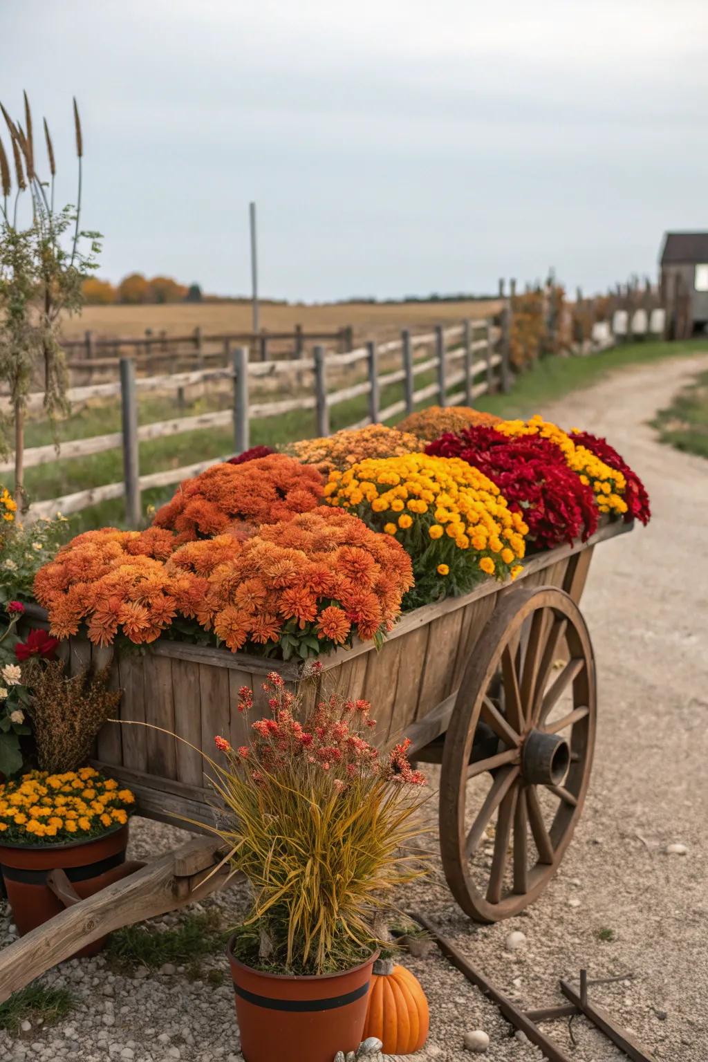 A wagon planter with seasonal blooms, offering a dynamic garden feature throughout the year.